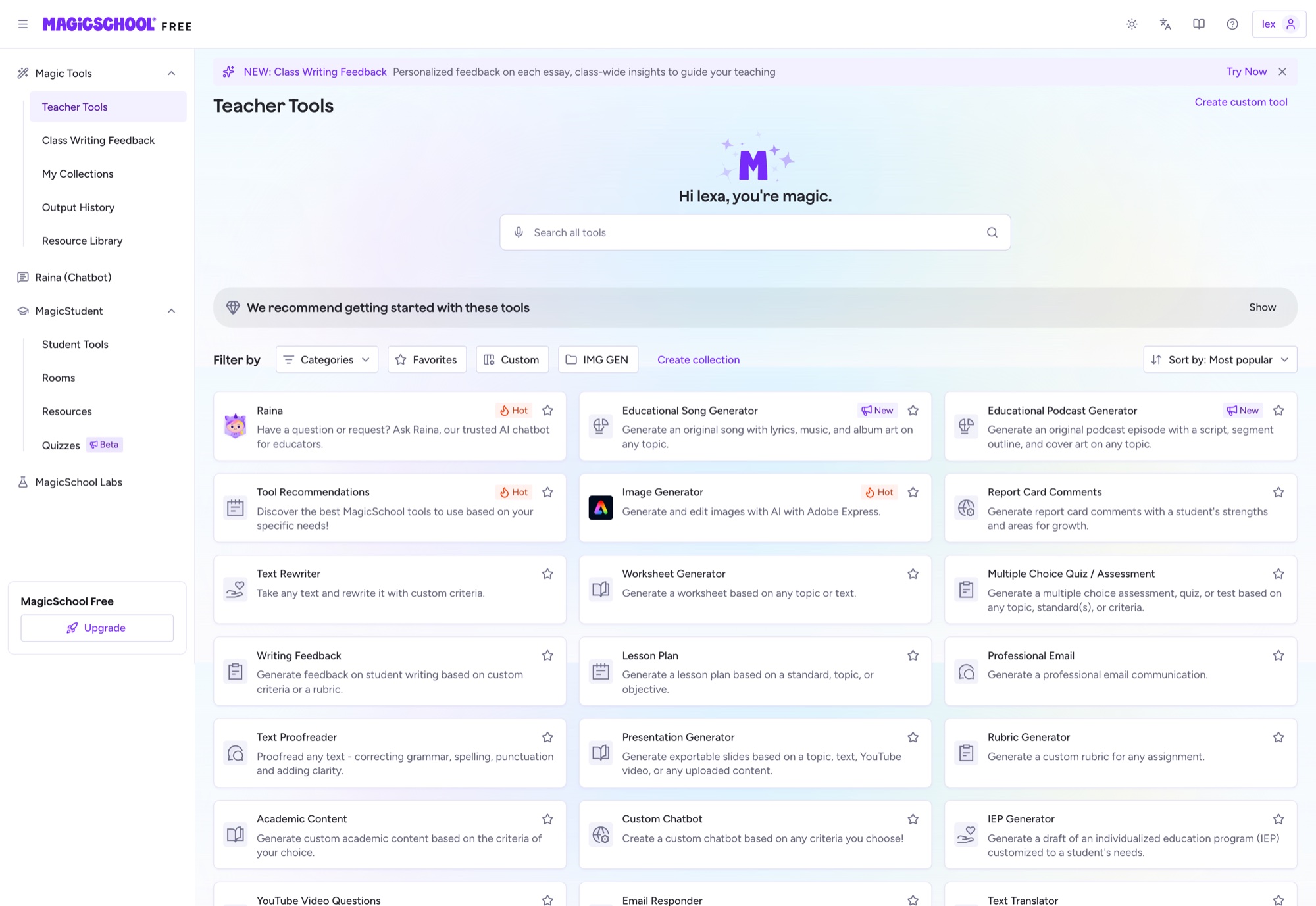 The first Spellbook release in 2025: Teacher Tools with a cleaner sidebar, consistent tool cards, and filters. Light theme.