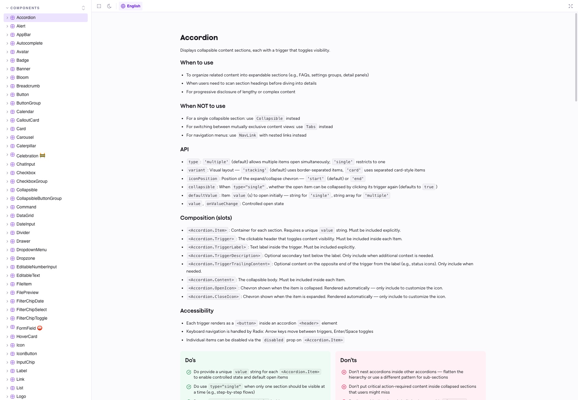 Spellbook's Accordion documentation, with the full component list in the sidebar and do's and don'ts.