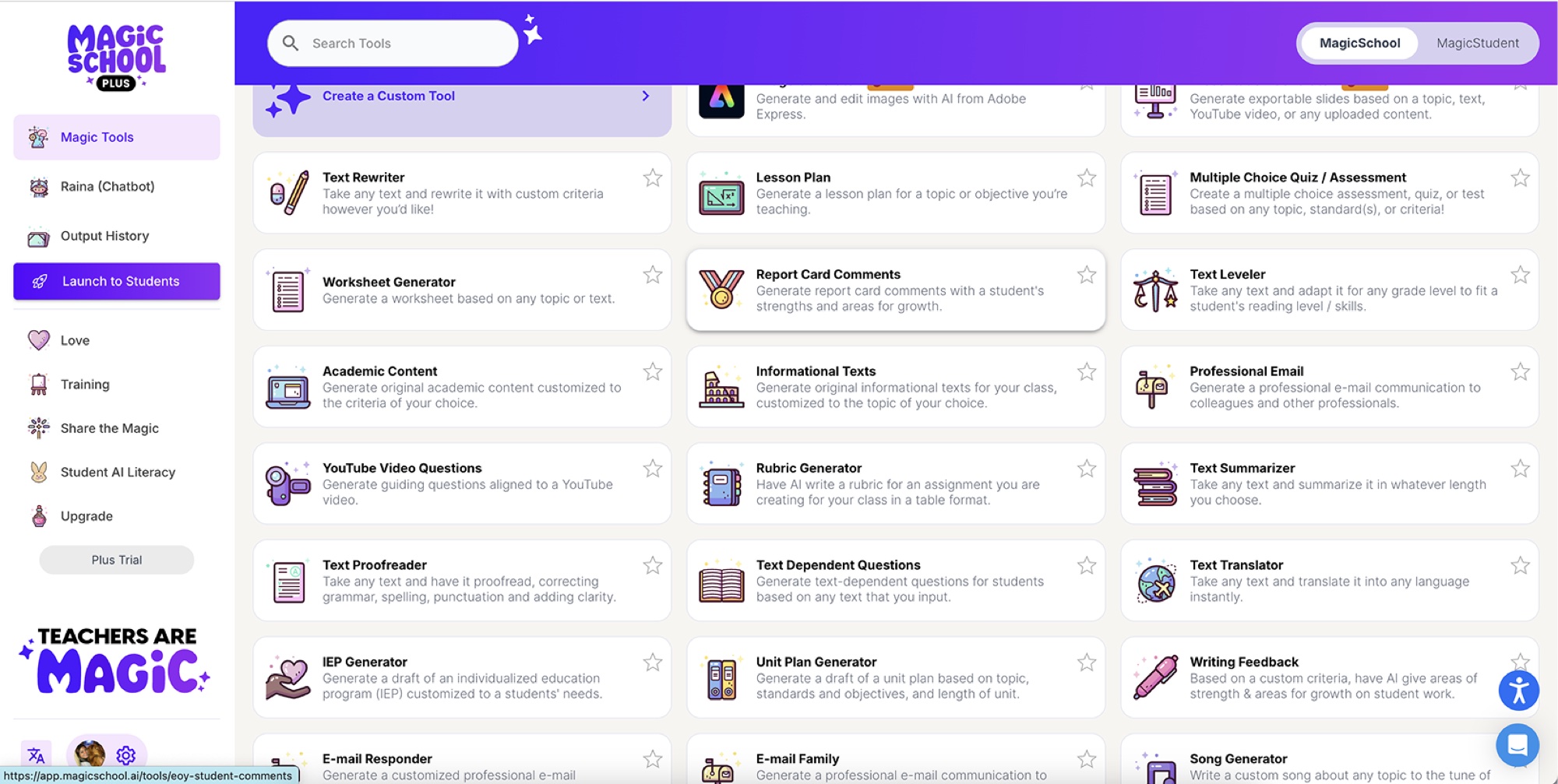 MagicSchool before Spellbook: a grid of Magic Tools with illustrated icons, a purple header, and a colorful sidebar.