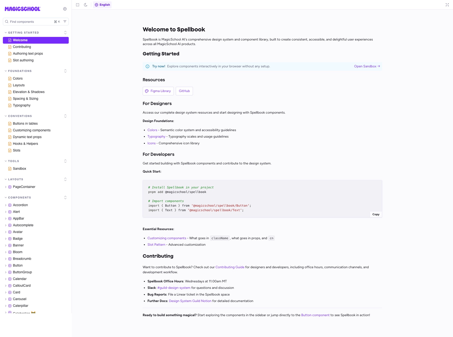 The Spellbook welcome page in Storybook, with resources for designers and developers, a quick start, and how to contribute.