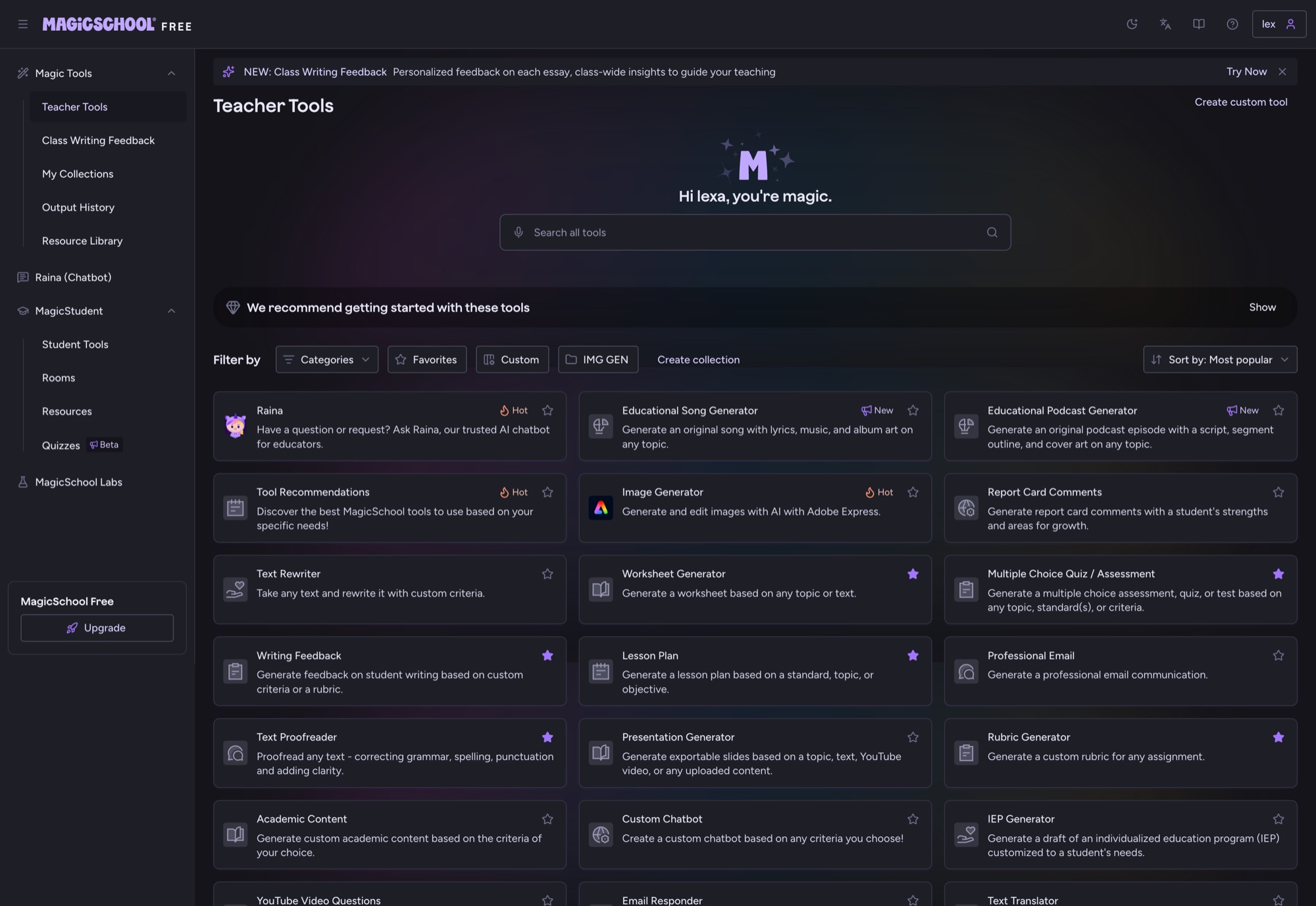 MagicSchool before the redesign, in dark mode: every teacher landed on Teacher Tools, a grid of 80+ tools, with a sidebar of nested folders for Magic Tools, Raina, MagicStudent, and MagicSchool Labs.