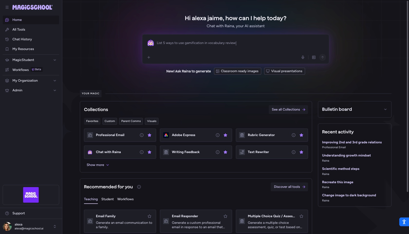 The redesigned MagicSchool platform in dark mode: a simplified sidebar with Home, All Tools, Chat History, and My Resources, Raina at the top of the homepage, then Collections, Recent activity, and Recommended for you.
