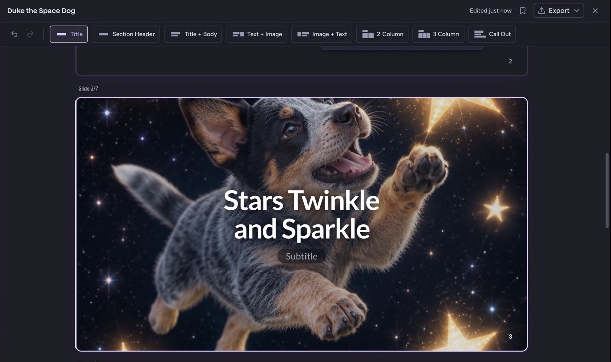 The deck editor with a slide selected and the layout toolbar showing Title through Call Out.