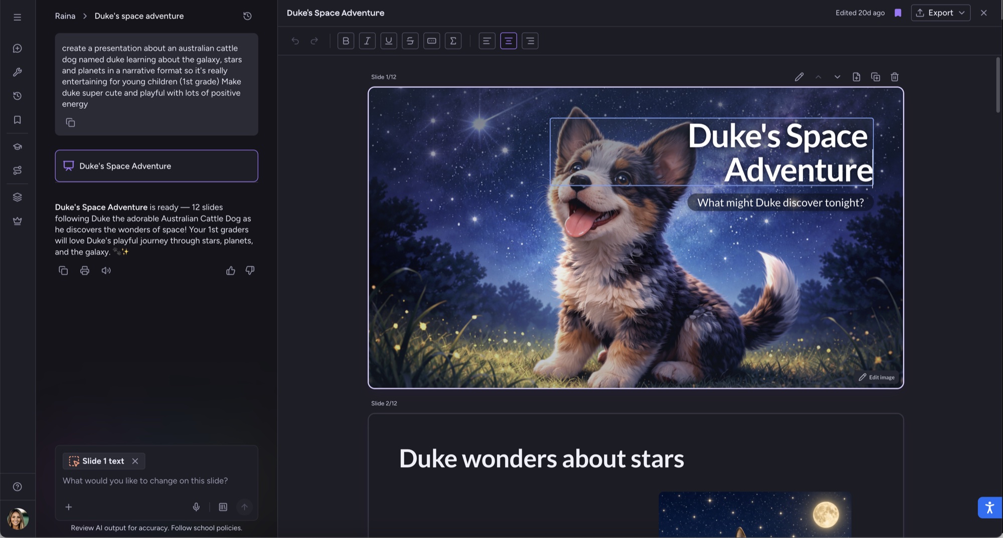The deck editor with slide text selected: the toolbar shows text formatting, and the Raina chat is scoped to Slide 1 text. Dark mode.