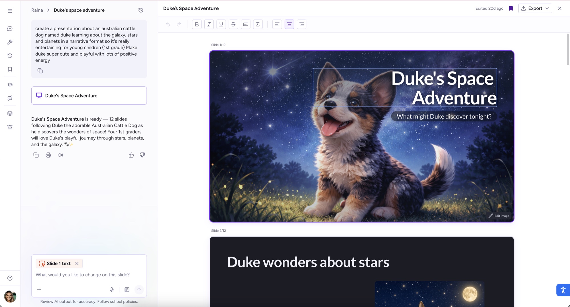 The deck editor with slide text selected: the toolbar shows text formatting, and the Raina chat is scoped to Slide 1 text. Light mode.