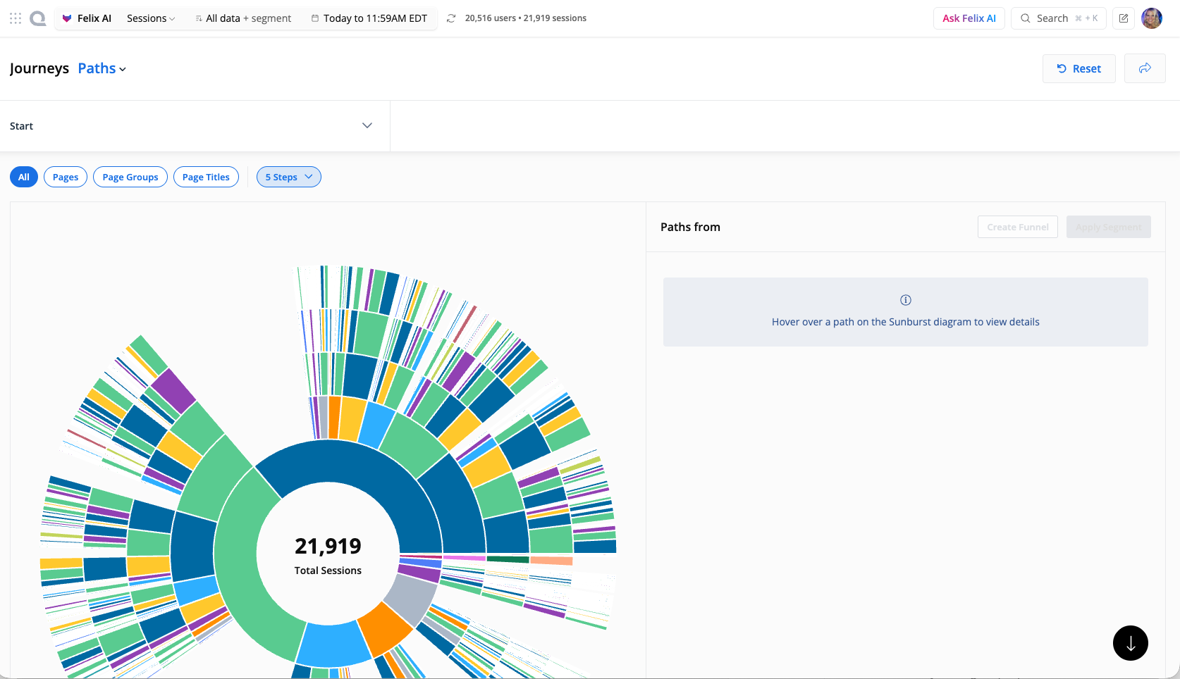 The Paths Sunburst showing 21,919 total sessions at the center, with a side panel prompting the user to hover over a path.