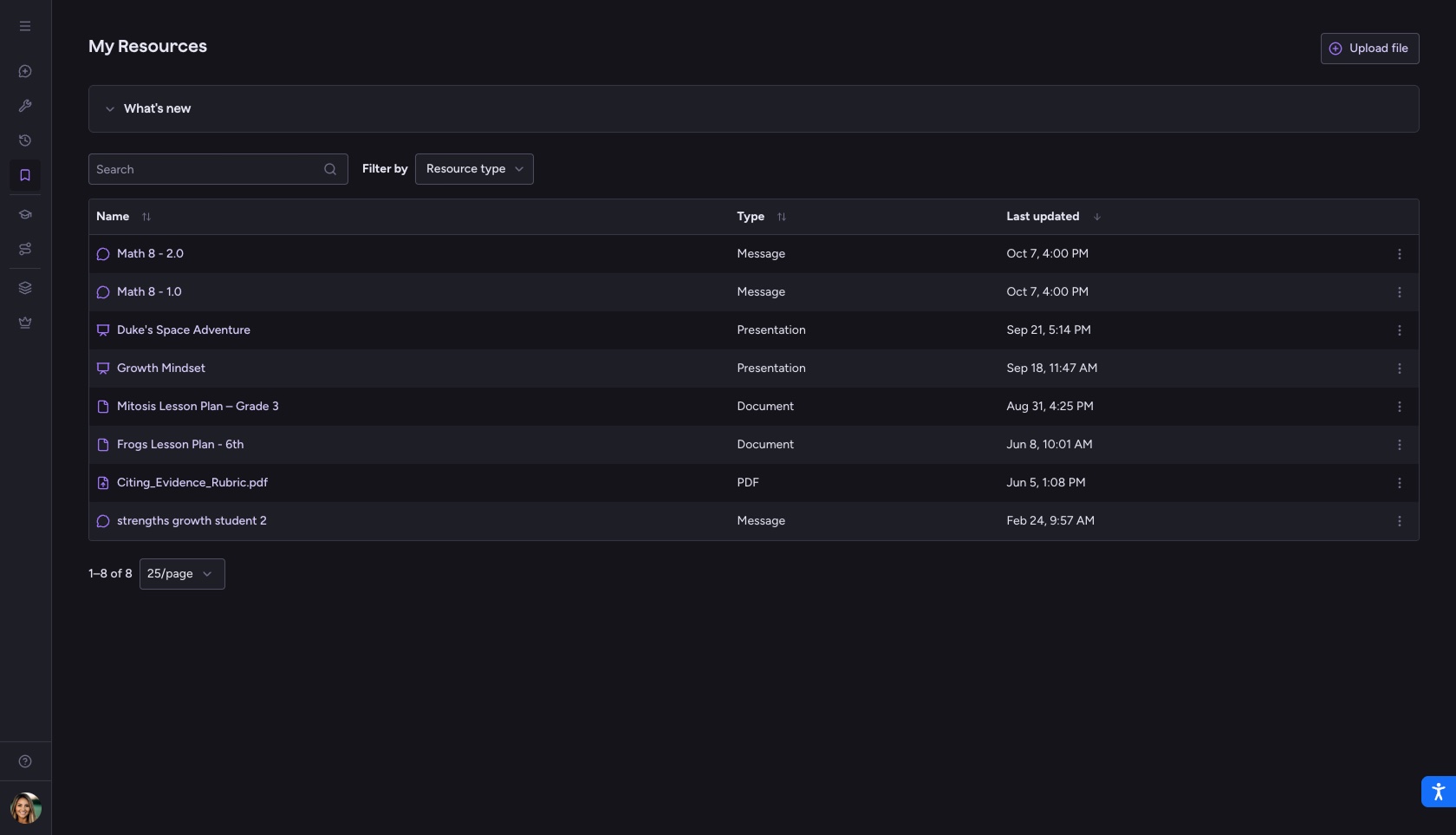 My Resources in dark mode: a table of saved materials with name, type such as message, presentation, document, or PDF, and last updated date, plus search and a resource type filter.