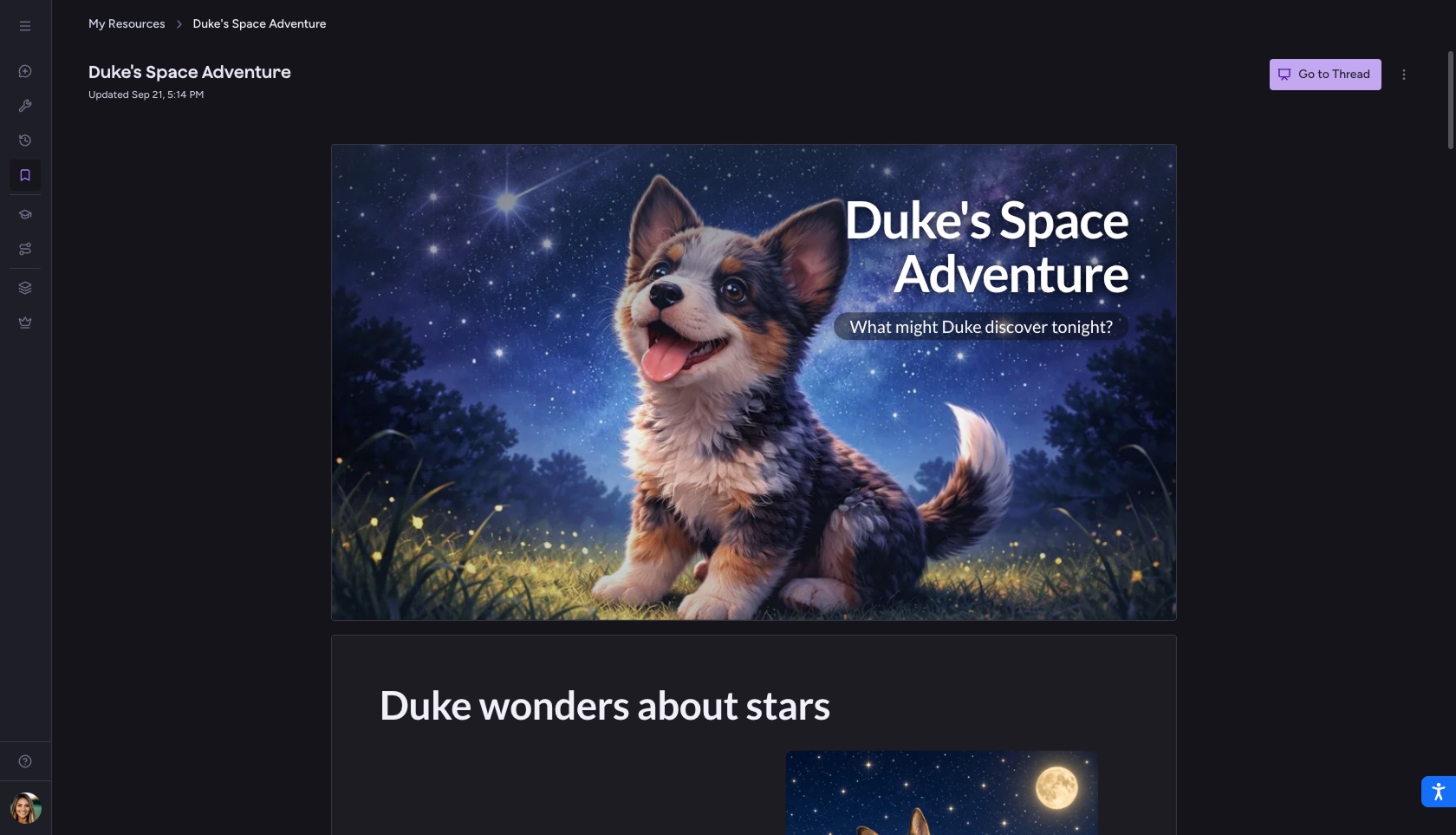 The finished view of a saved presentation in dark mode, with a Go to Thread button to keep editing in Raina.