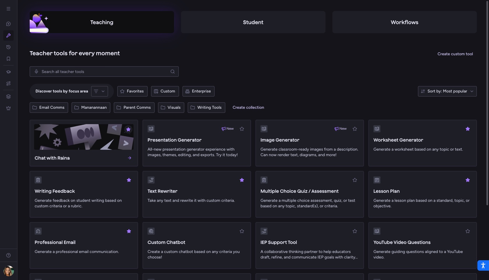 All Tools in dark mode: Teaching, Student, and Workflows tabs, a search field, filters for favorites, custom, and enterprise tools, and a grid of tool cards.